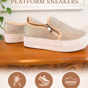 Crystal Embellished Slip-On Platform Sneakers - Beige